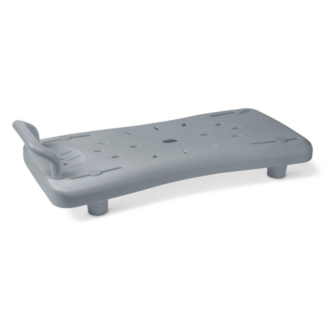 Lightweight and stable, the gray Medline Portable Shower Board features a textured surface, contoured backrest, and four adjustable legs. Designed for bathtub support, it includes drainage holes for convenience.